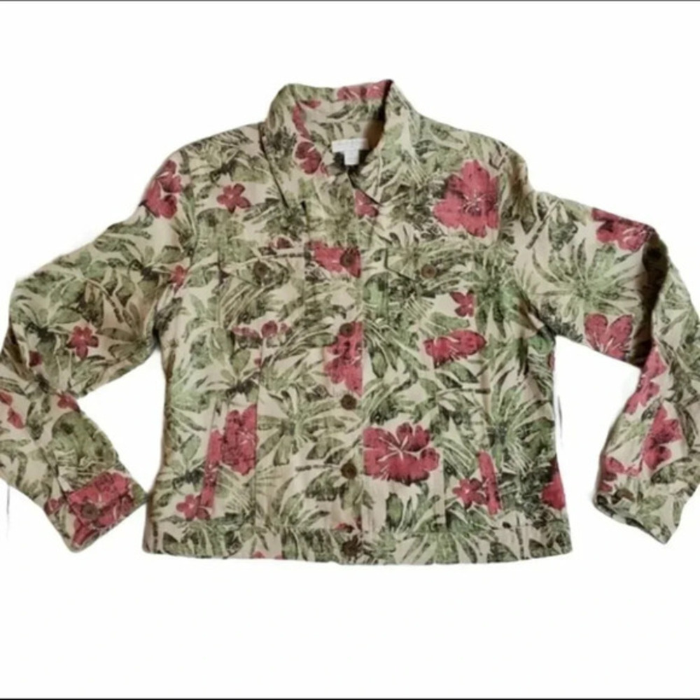 Charter Club Jacket Small Petite Tan Green Pink Linen Floral Tropical Trucker